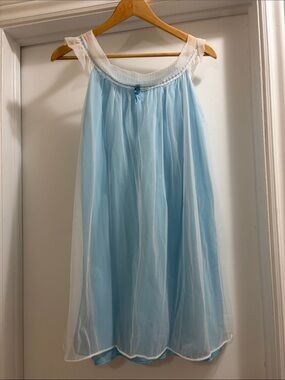 Vintage BabyDoll style Light Blue Sheer Chiffon Night Dress with Ivory Trim
